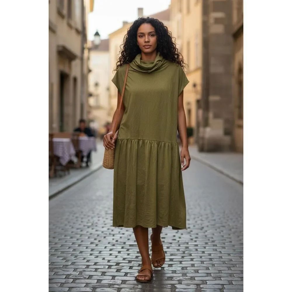 Lilla P Cowl Neck Mini Dress in Mustard NWT Size Medium
